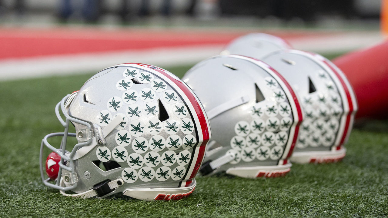 COLUMBUS, OH - NOVEMBER 24: Ohio State Buckeyes helmets on the field before the game against the Michigan Wolverines at Ohio Stadium on November 24, 2018.