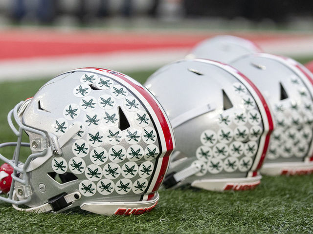 COLUMBUS, OH - NOVEMBER 24: Ohio State Buckeyes helmets on the field before the game against the Michigan Wolverines at Ohio Stadium on November 24, 2018.
