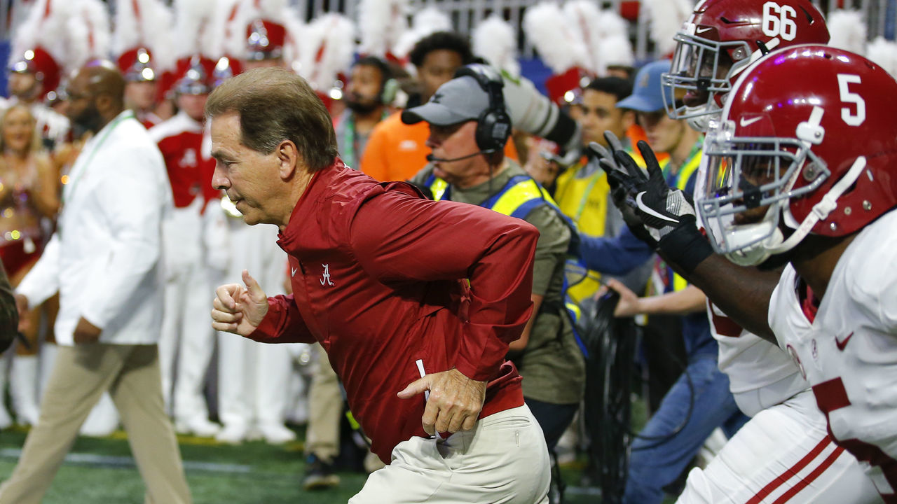 ATLANTA, GA - DECEMBER 01: Alabama Crimson Tide head coach Nick Saban leads the team onto the field prior to the SEC Championship game of the Georgia Bulldogs v Alabama Crimson Tide at Mercedes-Benz Stadium in Atlanta, GA.