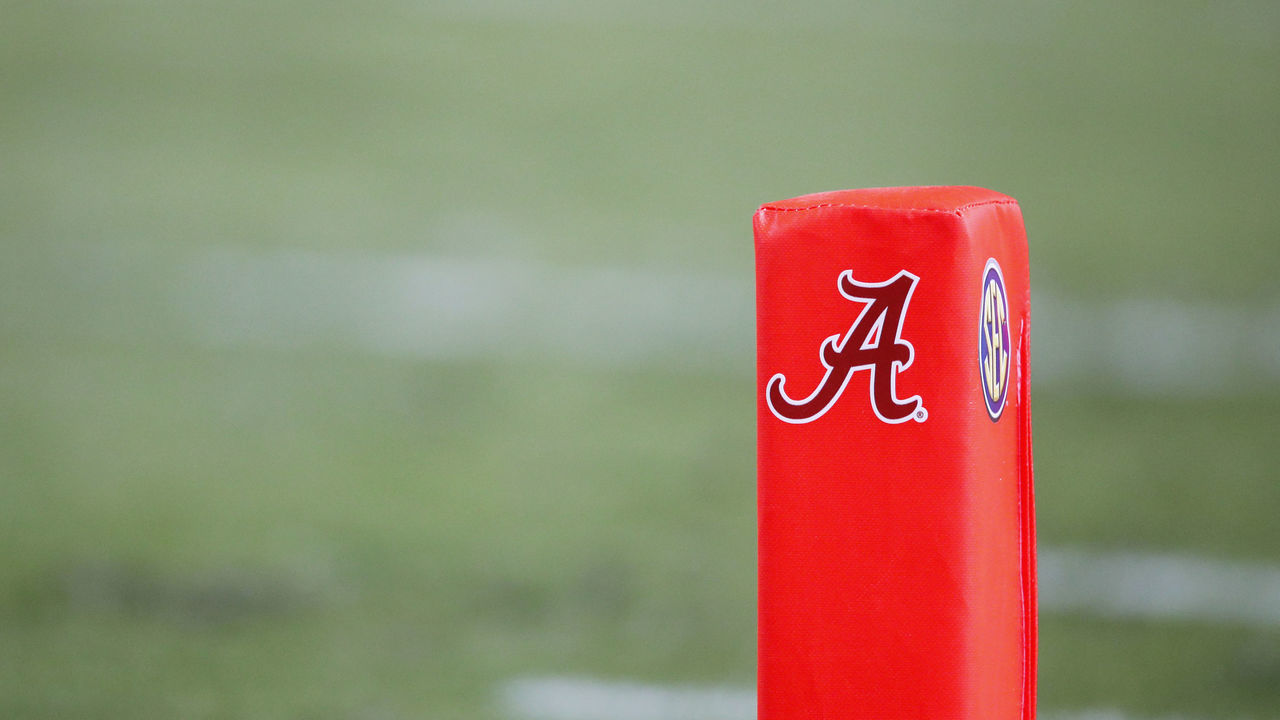 TUSCALOOSA, AL - OCTOBER 13: General view of the Alabama Crimson Tide logo on the end zone pylon during the game against the Missouri Tigers at Bryant-Denny Stadium on October 13, 2018 in Tuscaloosa, Alabama. Alabama won 39-10.