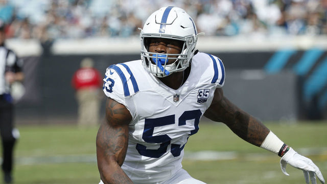JACKSONVILLE, FL - DECEMBER 02: Darius Leonard #53 of the Indianapolis Colts in action during the game against the Jacksonville Jaguars at TIAA Bank Field on December 2, 2018 in Jacksonville, Florida. The Jaguars won 6-0.