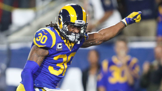 LOS ANGELES, CA - DECEMBER 16: Running back Todd Gurley #30 of the Los Angeles Rams reacts to his touchdown against the Philadelphia Eagles in the first quarter at Los Angeles Memorial Coliseum on December 16, 2018 in Los Angeles, California.