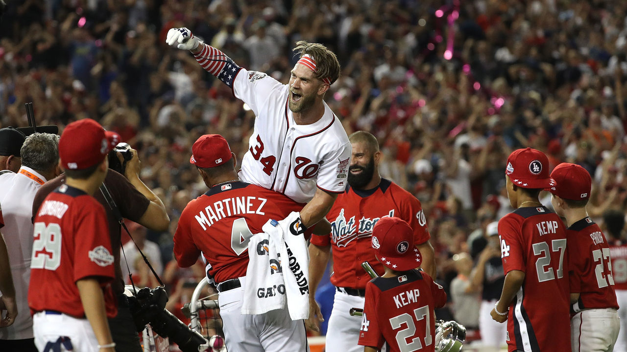 WASHINGTON, DC - JULY 16: Bryce Harper #34 during the T-Mobile Home Run Derby at Nationals Park on July 16, 2018 in Washington, DC.
