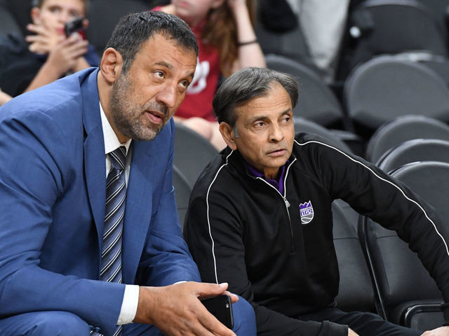 LAS VEGAS, NV - OCTOBER 8: Vlade Divac and owner of the Sacramento Kings, Vivek Ranadivé, talk before a preseason game between the Sacramento Kings and Los Angeles Lakers on October 8, 2017 at T-Mobile Arena in Las Vegas, Nevada. NOTE TO USER: User expressly acknowledges and agrees that, by downloading and/or using this photograph, user is consenting to the terms and conditions of the Getty Images License Agreement. Mandatory Copyright Notice: Copyright 2017 NBAE