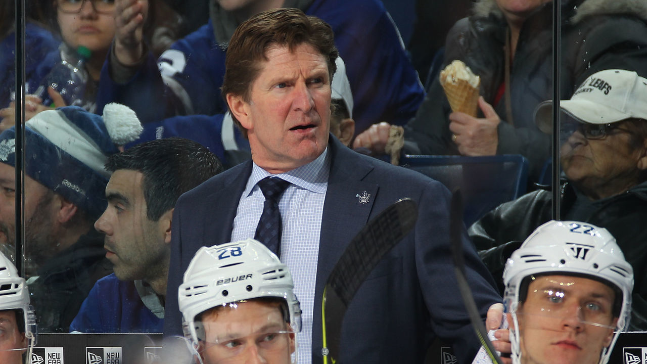 BUFFALO, NY - DECEMBER 4: Toronto Maple Leafs coach Mike Babcock watches the action during an NHL game against the Buffalo Sabres on December 4, 2018 at KeyBank Center in Buffalo, New York. Toronto won 4-3