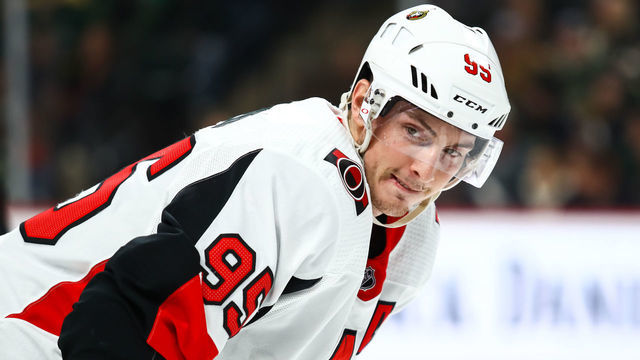 ST. PAUL, MN - NOVEMBER 21: Ottawa Senators center Matt Duchene (95) looks on before the faceoff during the game between the Ottawa Senators and the Minnesota Wild on November 21, 2018 at Xcel Energy Center in St. Paul, Minnesota.