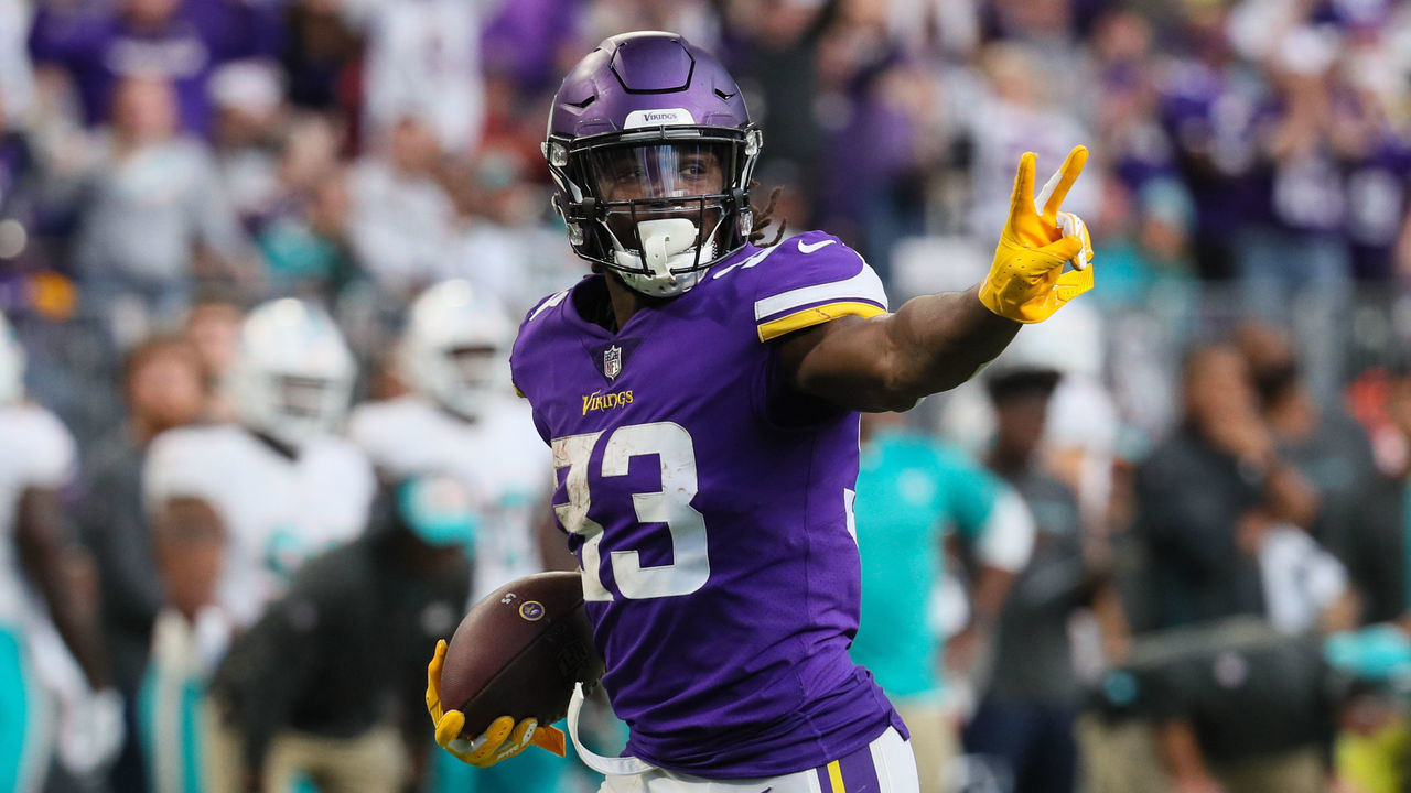 MINNEAPOLIS, MN - DECEMBER 16: Minnesota Vikings running back Dalvin Cook (33) scores a Minnesota Vikings touchdown during a game between the Minnesota Vikings and the Miami Dolphins on December 16, 2018, at U.S. Bank Stadium, Minneapolis, MN.