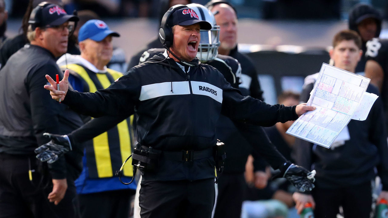 OAKLAND, CA - DECEMBER 2: Oakland Raiders head coach Jon Gruden yells from the sideline during the fourth quarter of their game against the Kansas City Chiefs on Sunday, Dec. 2, 2018, in Oakland, Calif.