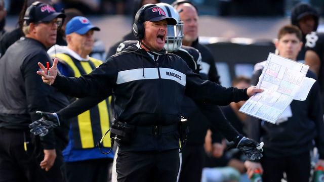 OAKLAND, CA - DECEMBER 2: Oakland Raiders head coach Jon Gruden yells from the sideline during the fourth quarter of their game against the Kansas City Chiefs on Sunday, Dec. 2, 2018, in Oakland, Calif.
