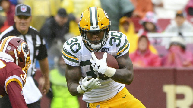 LANDOVER, MD - SEPTEMBER 23: Green Bay Packers running back Jamaal Williams (30) in action on September 23, 2018, at FedEx Field in Landover, MD. The Washington Redskins defeated the Green Bay Packers, 31-17.