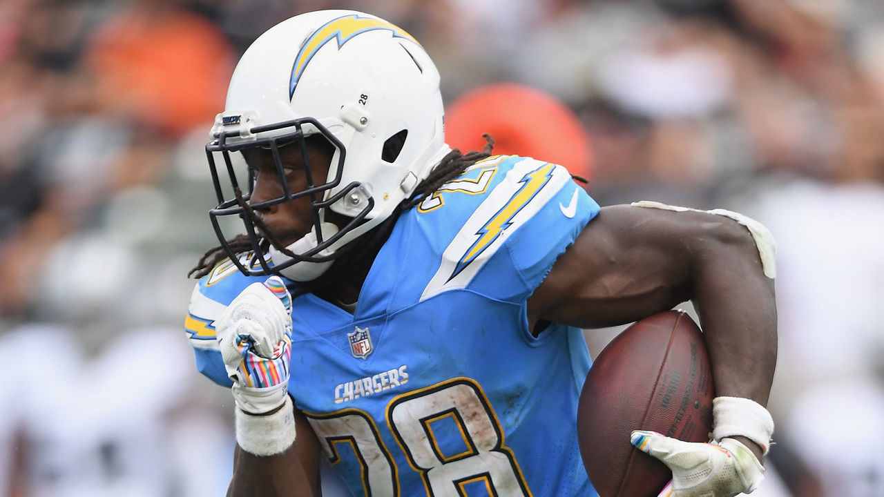 CARSON, CA - OCTOBER 07: Melvin Gordon #28 of the Los Angeles Chargers carries the ball against the Oakland Raiders at StubHub Center on October 7, 2018 in Carson, California.