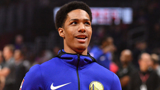 LOS ANGELES, CA - JANUARY 06: Golden State Warriors Guard Patrick McCaw (0) looks on before an NBA game between the Golden State Warriors and the Los Angeles Clippers on January 06, 2018 at STAPLES Center in Los Angeles, CA.