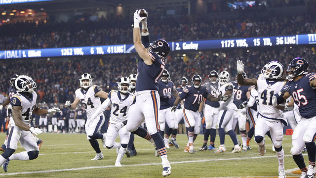 CHICAGO, IL - DECEMBER 09: Bradley Sowell #79 of the Chicago Bears makes a touchdown catch during the game against the Los Angeles Rams at Soldier Field on December 9, 2018 in Chicago, Illinois. The Bears won 15-6.