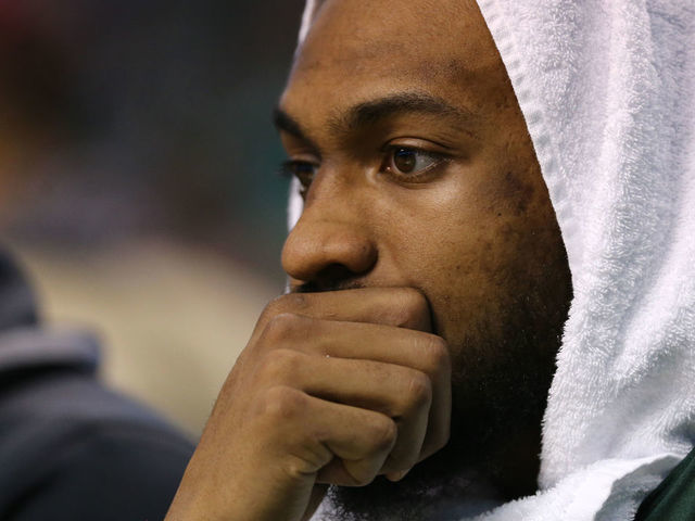 BOSTON, MA - APRIL 15: Jabari Parker #12 of the Milwaukee Bucks looks on from the bench during the third quarter of Game One of Round One of the 2018 NBA Playoffs against the Boston Celtics during at TD Garden on April 15, 2018 in Boston, Massachusetts.