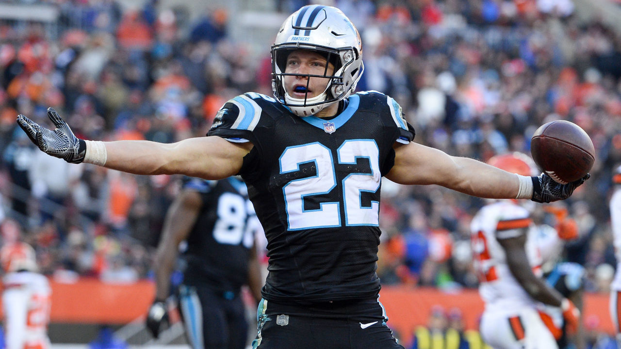 CLEVELAND, OH - DECEMBER 9, 2018: Running back Christian McCaffrey #22 of the Carolina Panthers celebrates after scoring a rushing touchdown in the third quarter of a game against the Cleveland Browns on December 9, 2018 at FirstEnergy Stadium in Cleveland, Ohio. The play was nullified due to a penalty. Cleveland won 26-20. (Photo by: 2018 Nick Cammett/Diamond Images/Getty Images)