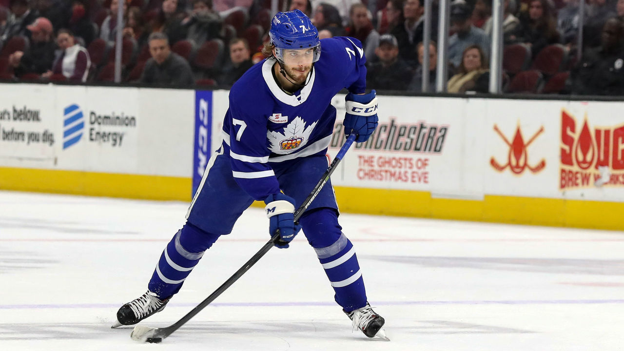 CLEVELAND, OH - NOVEMBER 28: Toronto Marlies defenceman Timothy Liljegren (7) shoots the puck during the third period of the American Hockey League game between the Toronto Marlies and Cleveland Monsters on November 28, 2018, at Quicken Loans Arena in Cleveland, OH.