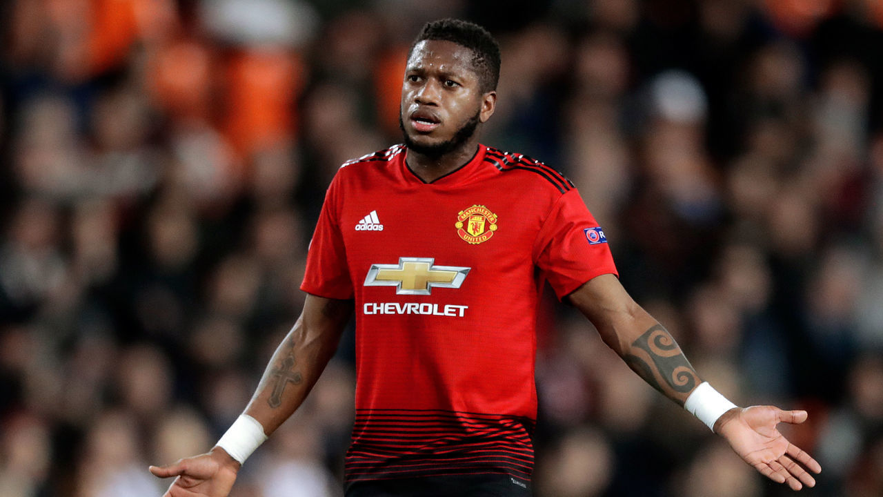 VALENCIA, SPAIN - DECEMBER 12: Fred of Manchester United during the UEFA Champions League match between Valencia v Manchester United at the Estadio de Mestalla on December 12, 2018 in Valencia Spain