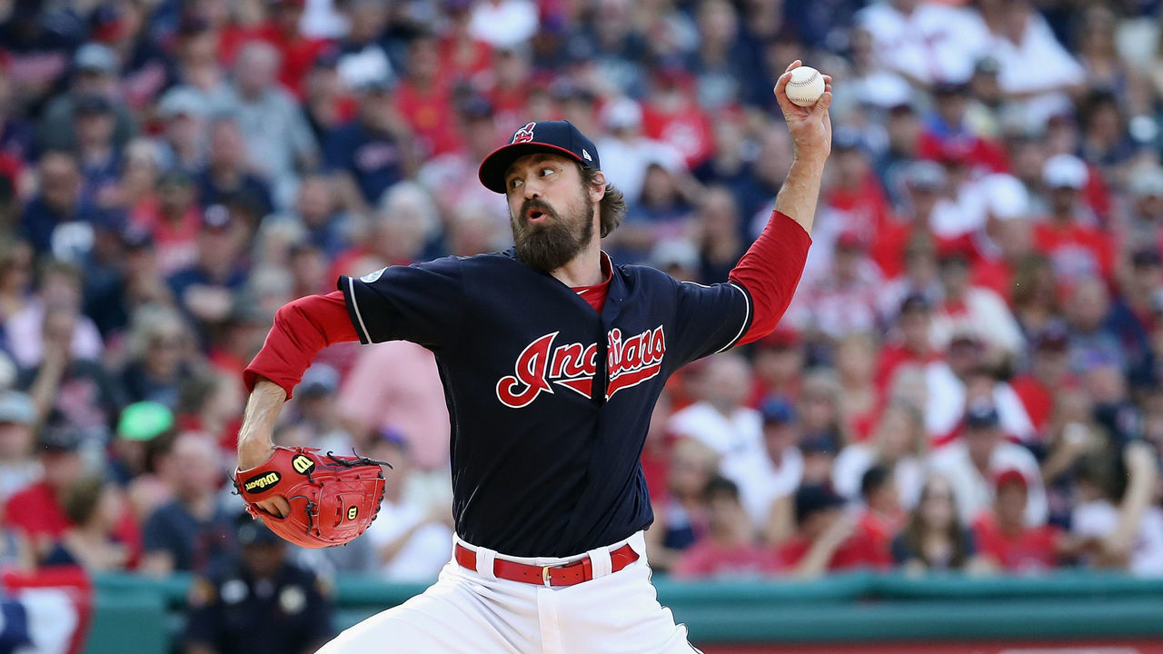CLEVELAND, OH - OCTOBER 08: Andrew Miller #24 of the Cleveland Indians pitches in the seventh inning against the Houston Astros during Game Three of the American League Division Series at Progressive Field on October 8, 2018 in Cleveland, Ohio.