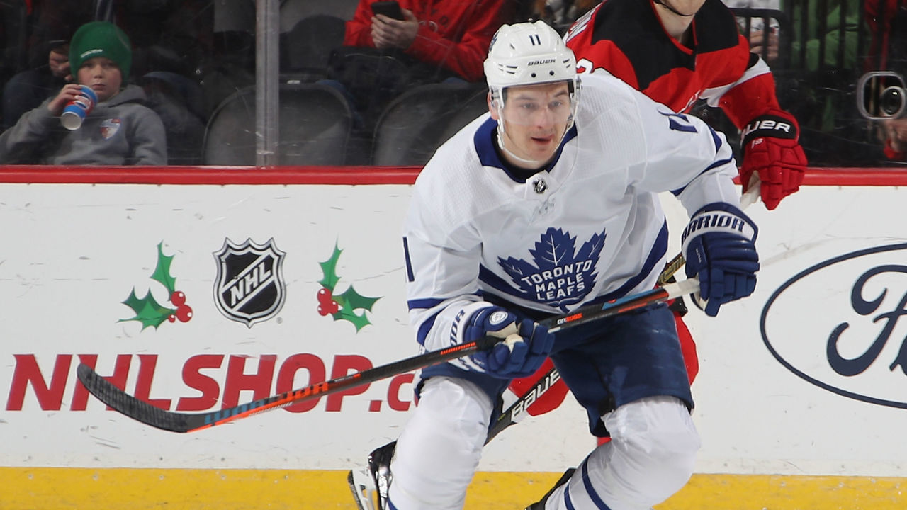 NEWARK, NEW JERSEY - DECEMBER 18: Zach Hyman #11 of the Toronto Maple Leafs skates against the New Jersey Devils at the Prudential Center on December 18, 2018 in Newark, New Jersey. The Maple Leafs defeated the Devils 7-2.