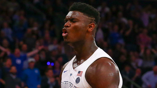 NEW YORK, NY - DECEMBER 20: Duke Blue Devils forward Zion Williamson (1) reacts after a made basket during the second half of the Ameritas Insurance Classic College Basketball game between the Duke Blue Devils and the Texas Tech Red Raiders on December 20, 2018 at Madison Square Garden in New York, NY.