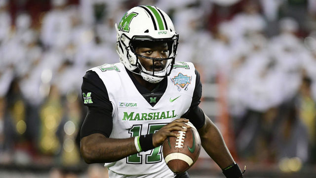 TAMPA, FLORIDA - DECEMBER 20: Isaiah Green #17 of the Marshall Thundering Herd scrambles in the first quarter against the South Florida Bulls in the Gasparilla Bowl at Raymond James Stadium on December 20, 2018 in Tampa, Florida.