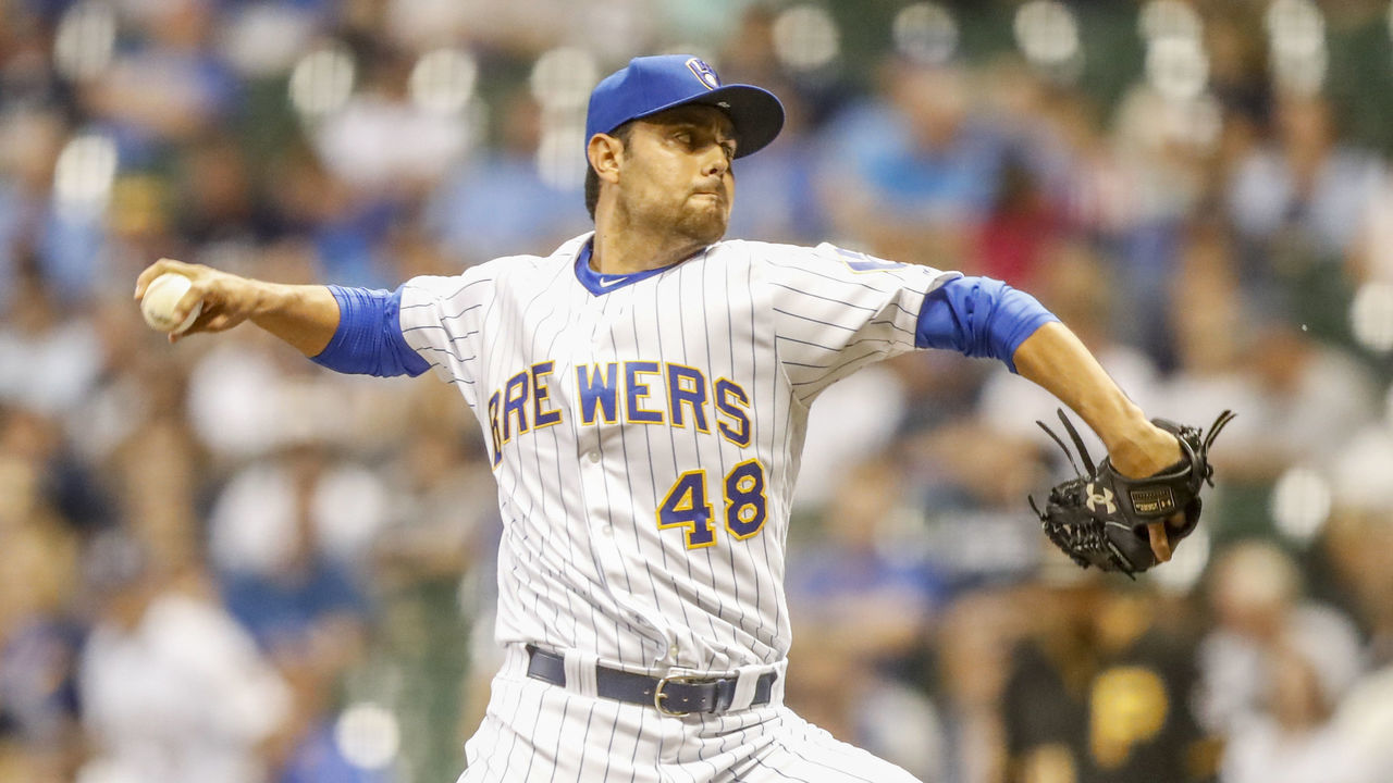 MILWAUKEE, WI - SEPTEMBER 14: Milwaukee Brewers pitcher Joakim Soria (48) during the first game of the final home series between the Milwaukee Brewers and the Pittsburgh Pirates on September 14, 2018, at Miller Park in Milwaukee, WI.