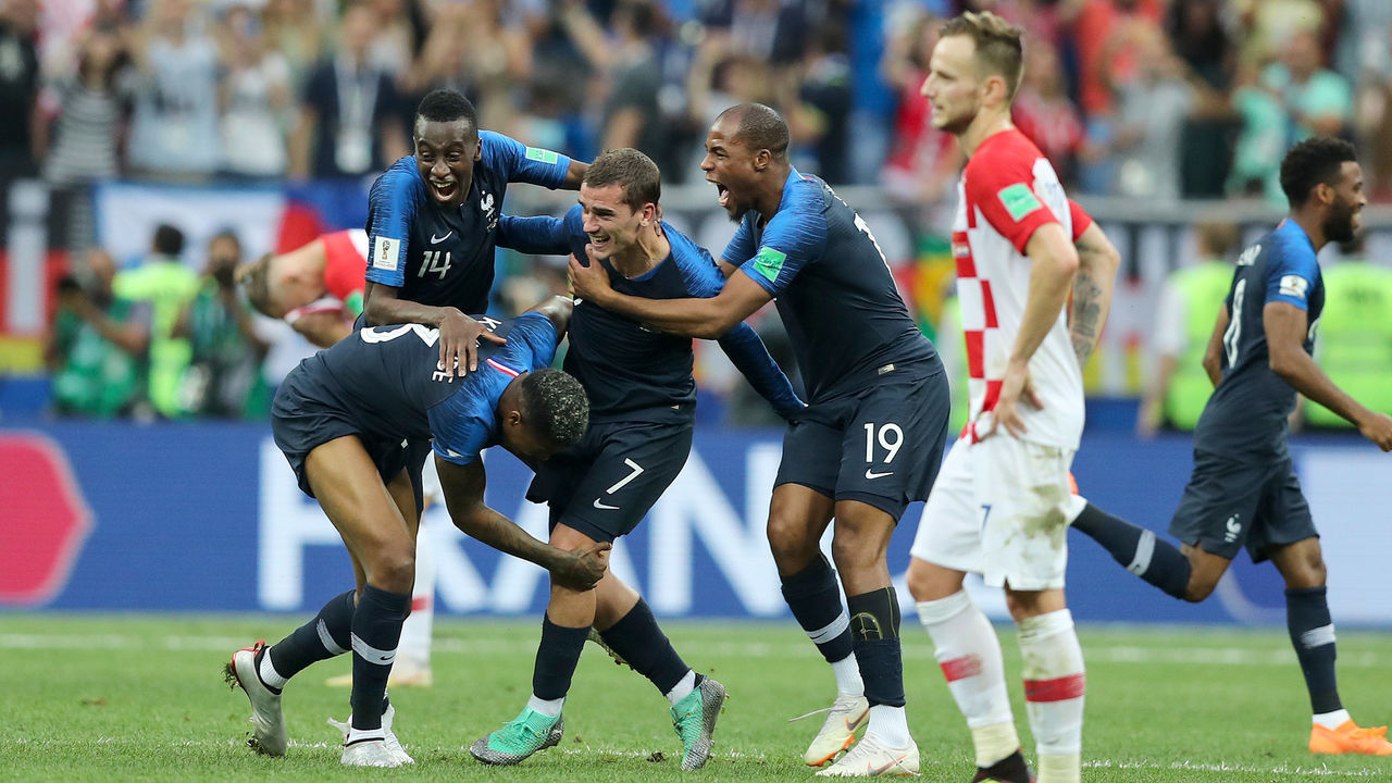 MOSCOW, RUSSIA - JULY 15: Presnel Kimpembe of France Blaise Matuidi of France Antoine Griezmann of France Djibril Sidibe of France celebrate following their sides victory the 2018 FIFA World Cup Russia Final between France and Croatia at Luzhniki Stadium on July 15, 2018 in Moscow, Russia.