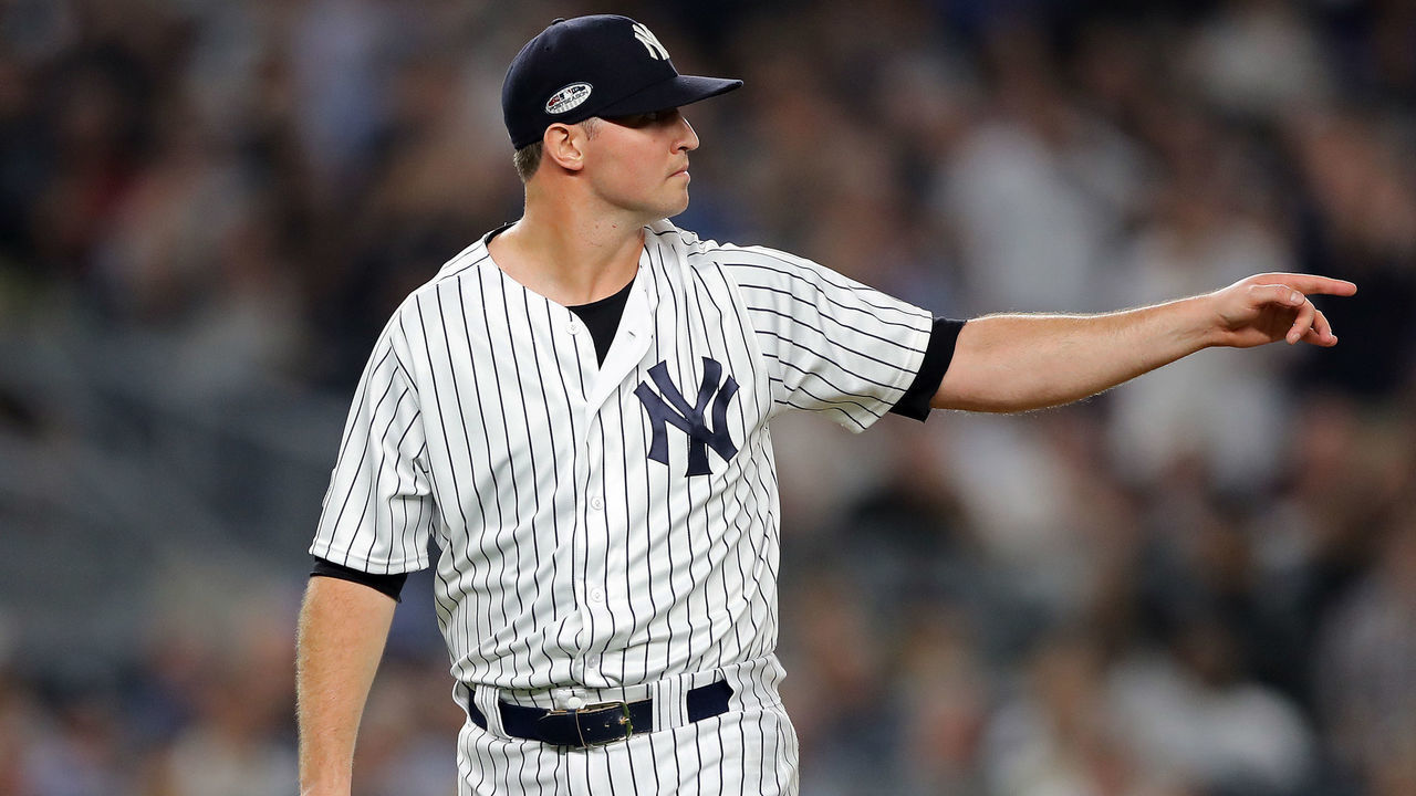 NEW YORK, NEW YORK - OCTOBER 09: Zach Britton #53 of the New York Yankees reacts in the fourth inning against the Boston Red Sox during Game Four American League Division Series at Yankee Stadium on October 09, 2018 in the Bronx borough of New York City.