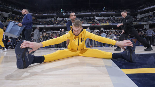 INDIANAPOLIS, IN - DECEMBER 8: Domantas Sabonis #11 of the Indiana Pacers stretches before the game against the Sacramento Kings on December 8, 2018 at Bankers Life Fieldhouse in Indianapolis, Indiana. Mandatory Copyright Notice: Copyright 2018 NBAE