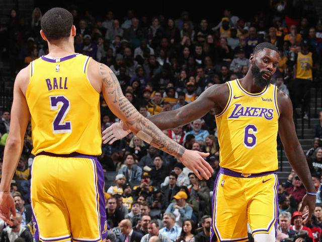 BROOKLYN, NY - DECEMBER 18: Lonzo Ball #2 hi-fives Lance Stephenson #6 of the Los Angeles Lakers on December 18, 2018 at Barclays Center in Brooklyn, New York. Mandatory Copyright Notice: Copyright 2018 NBAE