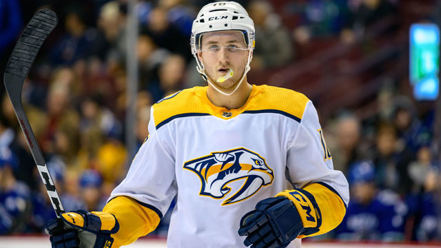 VANCOUVER, BC - DECEMBER 06: Nashville Predators Center Colton Sissons (10) waits for a face-off during their NHL game against the Vancouver Canucks at Rogers Arena on December 6, 2018 in Vancouver, British Columbia, Canada. Vancouver won 5-3.