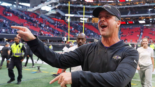 ATLANTA, GA - DECEMBER 02: Head coach John Harbaugh of the Baltimore Ravens reacts after their 26-16 win over the Atlanta Falcons at Mercedes-Benz Stadium on December 2, 2018 in Atlanta, Georgia.