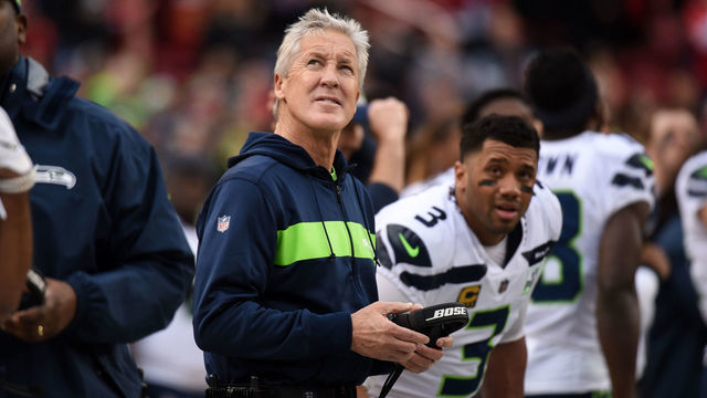 SANTA CLARA, CA - DECEMBER 16: Seattle Seahawks head coach Pete Carroll and Seattle Seahawks Quarterback Russell Wilson (3) before the NFL game between the Seattle Seahawks and the San Francisco 49ers on December 16, 2018 at Levi's Stadium in Santa Clara, CA.