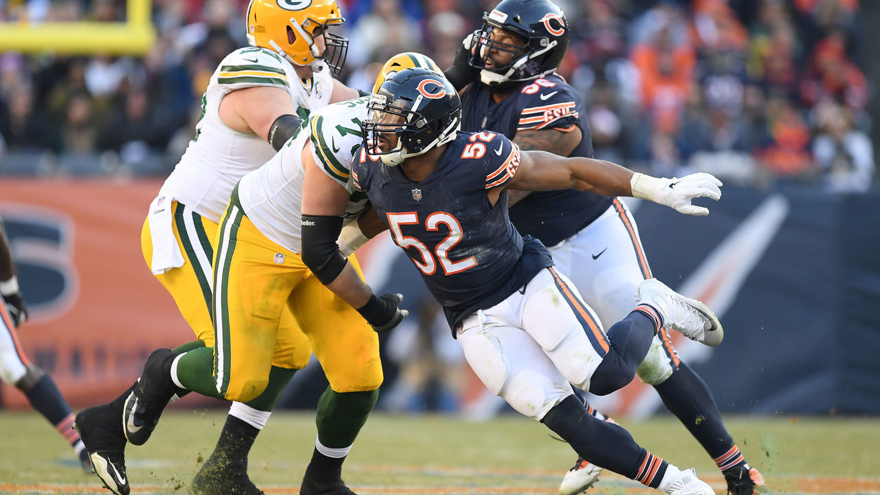 CHICAGO, IL - DECEMBER 16: Chicago Bears outside linebacker Khalil Mack (52) battles with Green Bay Packers offensive tackle Jason Spriggs (78) in action during an NFL game between the Green Bay Packers and the Chicago Bears on December 16, 2018 at Soldier Field in Chicago, IL.