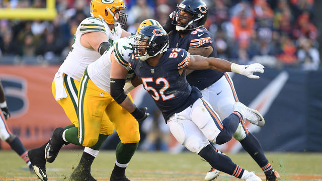 CHICAGO, IL - DECEMBER 16: Chicago Bears outside linebacker Khalil Mack (52) battles with Green Bay Packers offensive tackle Jason Spriggs (78) in action during an NFL game between the Green Bay Packers and the Chicago Bears on December 16, 2018 at Soldier Field in Chicago, IL.