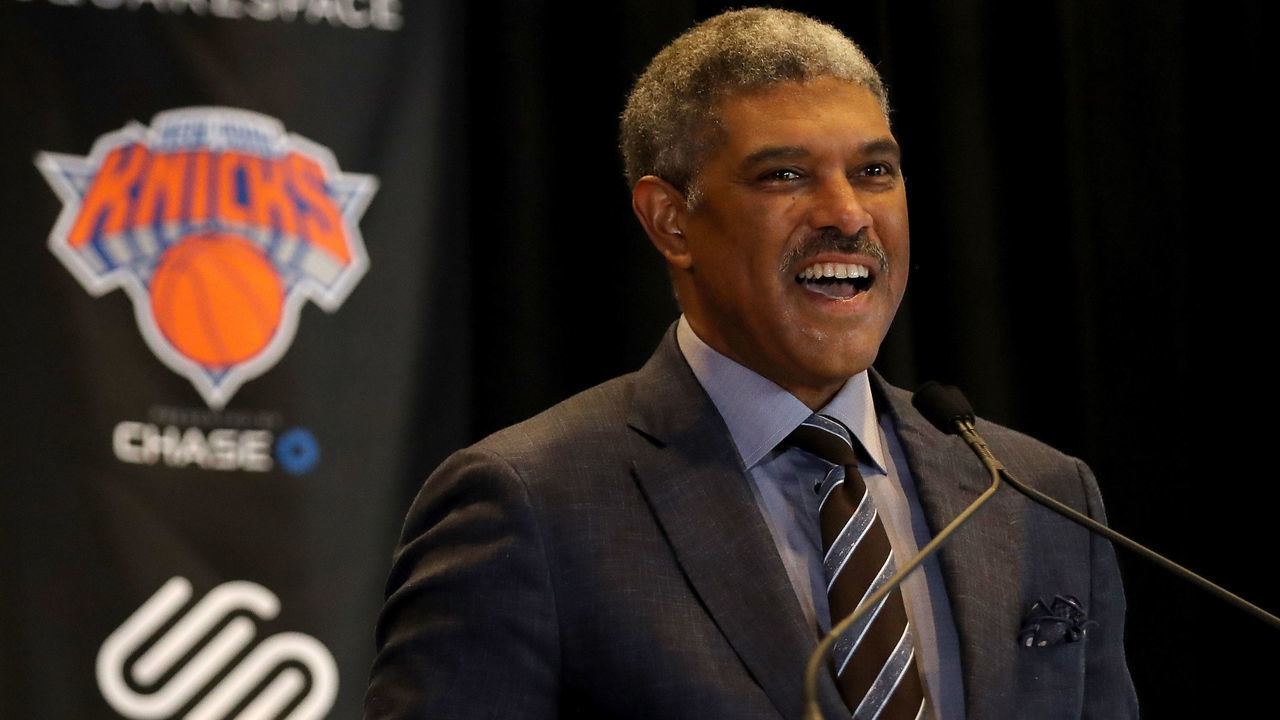 NEW YORK, NY - OCTOBER 10: New York Knicks President Steve Mills speaks at the unveiling of the Knicks' jersey sponsorship with Squarespace at Madison Square Garden on October 10, 2017 in New York City.