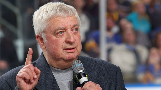 BUFFALO, NY - NOVEMBER 08: Broadcaster Rick Jeanneret of the Buffalo Sabres speaks during pregame ceremonies inducting him into the Sabres Hall of Fame before their game with the Winnipeg Jets at First Niagara Center on November 8, 2011 in Buffalo, New York. The Sabres won 6-5.