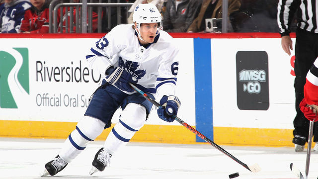 NEWARK, NEW JERSEY - DECEMBER 18: Tyler Ennis #63 of the Toronto Maple Leafs skates against the New Jersey Devils at the Prudential Center on December 18, 2018 in Newark, New Jersey. The Maple Leafs defeated the Devils 7-2.