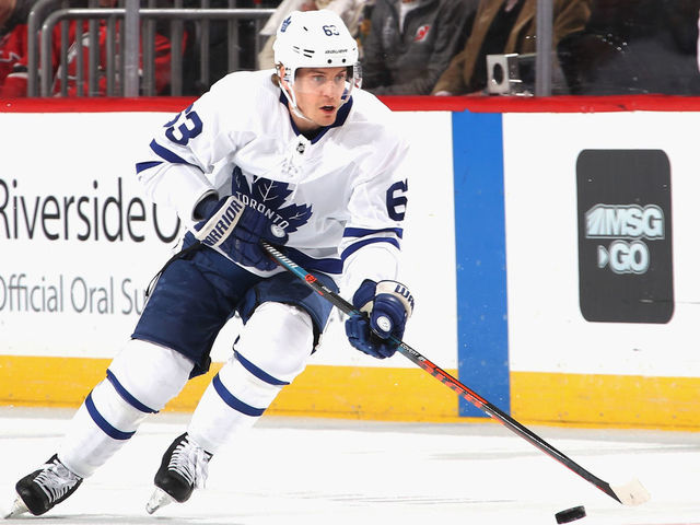 NEWARK, NEW JERSEY - DECEMBER 18: Tyler Ennis #63 of the Toronto Maple Leafs skates against the New Jersey Devils at the Prudential Center on December 18, 2018 in Newark, New Jersey. The Maple Leafs defeated the Devils 7-2.