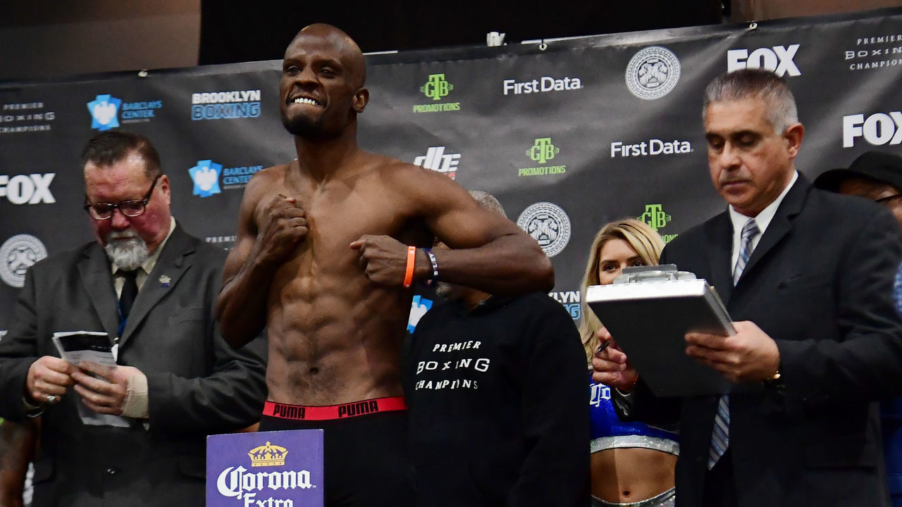 NEW YORK, NEW YORK - DECEMBER 21: WBC Super Welterweight Championship competitor Tony Harrison poses on the scale during the official weigh-in at Barclays Center on December 21, 2018 in New York City.