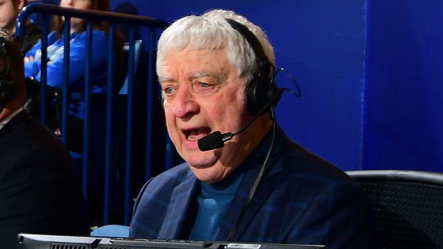 BUFFALO, NY - FEBRUARY 19: Buffalo Sabres broadcasters Rob Ray (L) and Rick Jeanneret (R) work seated with the fans during an NHL game against the Washington Capitals on February 19, 2018 at KeyBank Center in Buffalo, New York.