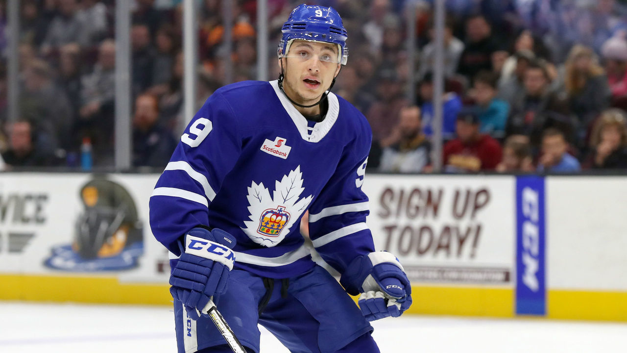 CLEVELAND, OH - NOVEMBER 02: Toronto Marlies left wing Trevor Moore (9) on the ice during the first period the American Hockey League game between the Toronto Marlies and Cleveland Monsters on November 2, 2018, at Quicken Loans Arena in Cleveland, OH.