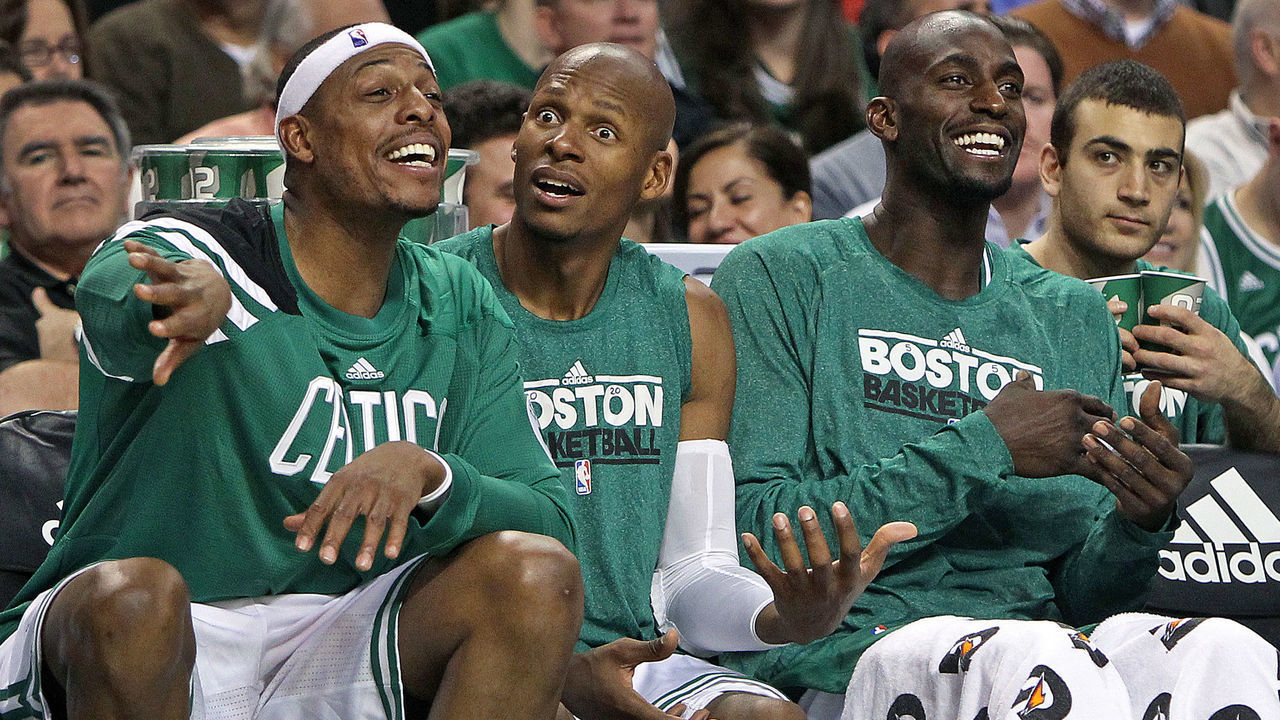 BOSTON - DECEMBER 30: The Celtics finally broke into the win column tonight, which allowed, left to right, Paul Pierce, Ray Allen and Kevin Garnett to have some fun on the bench during the fourth quarter. The Boston Celtics hosted the Detroit Pistons in an NBA regular season game at the TD Garden, the team's home opener.
