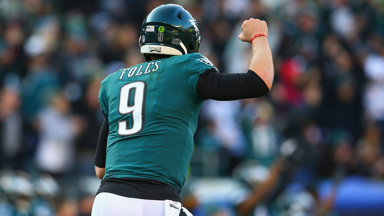 PHILADELPHIA, PA - DECEMBER 23: Quarterback Nick Foles #9 of the Philadelphia Eagles celebrates after throwing a touchdown pass to wide receiver Nelson Agholor #13 (not pictured) against the Houston Texans during the third quarter at Lincoln Financial Field on December 23, 2018 in Philadelphia, Pennsylvania.