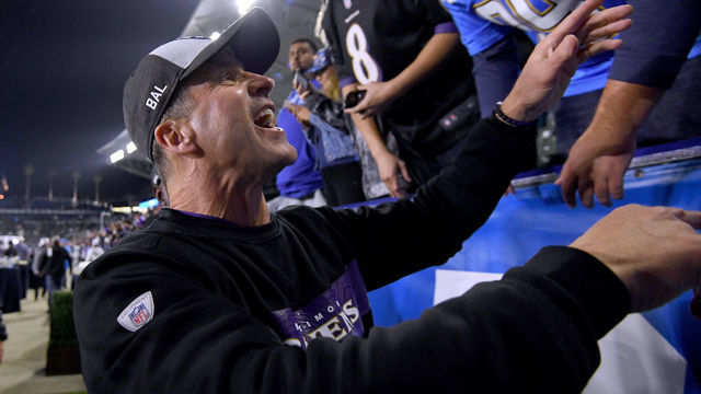 CARSON, CALIFORNIA - DECEMBER 22: Head coach John Harbaugh of the Baltimore Ravens celebrates a 22-10 Ravens win over the Los Angeles Chargers at StubHub Center on December 22, 2018 in Carson, California.