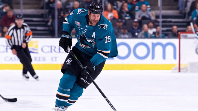 SAN JOSE, CA - NOVEMBER 13: San Jose Sharks center Joe Thornton (19) carries the puck during the San Jose Sharks game versus the Nashville Predators on November 13, 2018, at SAP Center in San Jose, CA