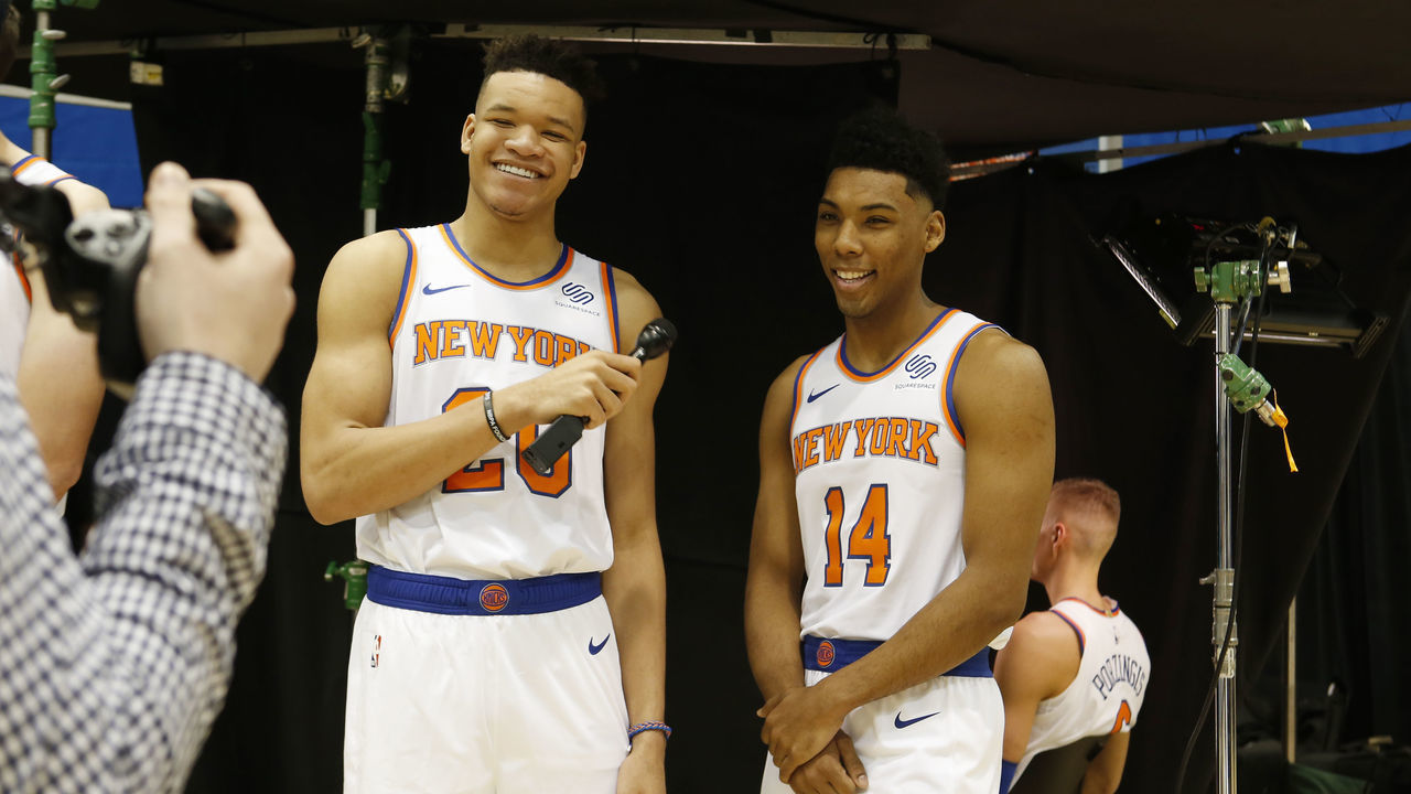 TARRYTOWN, NY - SEPTEMBER 24: Allonzo Trier #14 and Kevin Knox #20 of the New York Knicks poses for a portrait during the New York Knicks Media Day on September 24, 2018 at the MSG Training Facility in Tarrytown, New York. NOTE TO USER: User expressly acknowledges and agrees that, by downloading and/or using this photograph, user is consenting to the terms and conditions of the Getty Images License Agreement. Mandatory Copyright Notice: Copyright 2018 NBAE