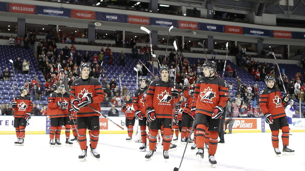 VICTORIA , BC - DECEMBER 21: Team Canada salutes the crowd following a game versus Team Slovakia at the IIHF World Junior Championships at the Save-on-Foods Memorial Centre on December 21, 2018 in Victoria, British Columbia, Canada.