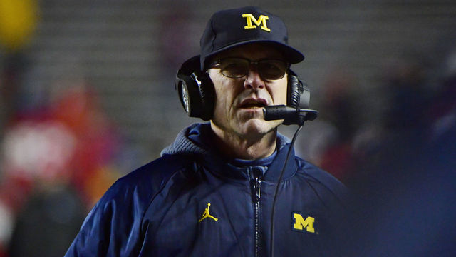 PISCATAWAY, NJ - NOVEMBER 10: Head coach Jim Harbaugh of the Michigan Wolverines looks on against the Rutgers Scarlet Knights during the third quarter at HighPoint.com Stadium on November 10, 2018 in Piscataway, New Jersey. Michigan won 42-7.