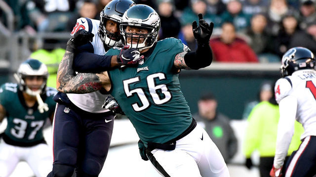 PHILADELPHIA, PA - DECEMBER 23: Philadelphia Eagles Defensive End Chris Long (56) is blocked by Houston Texans Tight End Jordan Akins (88) during the game between the Houston Texans and the Philadelphia Eagles on December 23, 2018, at Lincoln Financial Field in Philadelphia,PA.